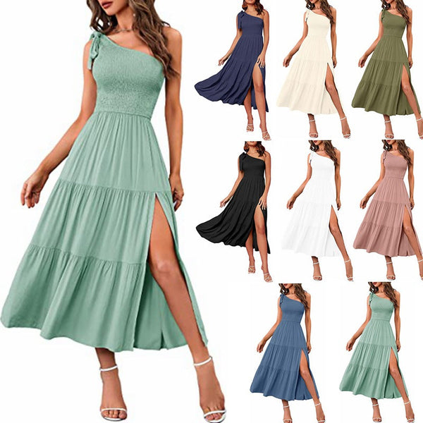 One Shoulder Pleated Layered Hem Split Womens Summer Unique Design Dresses
