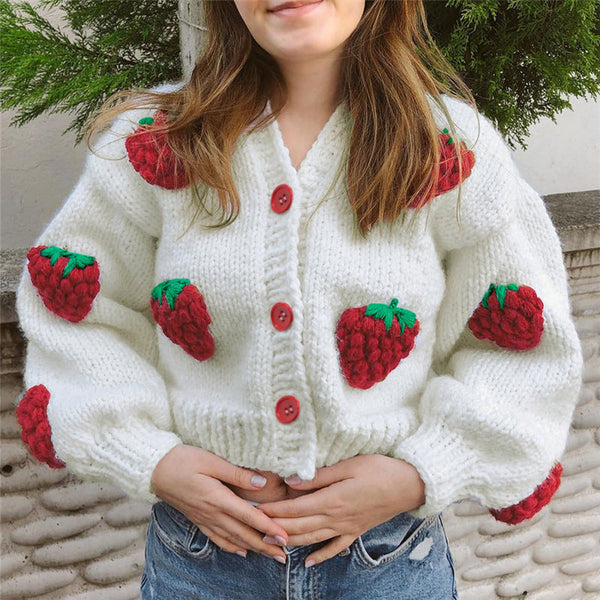Cute Kawaii White Strawberry Loose V Neck Cardigan Sweater For Women