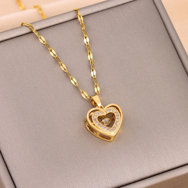 Veile Studios Double Layer Love Necklace With Rhinestones Titanium Steel Pendant Fashion Jewelry Necklaces & Pendants