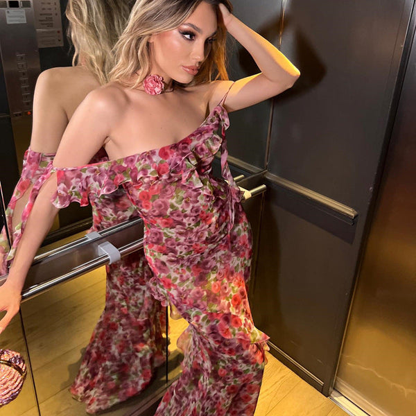 Dresses Womens Sweet Pastoral Floral Ruffled Dress Suspender Charming Feminine