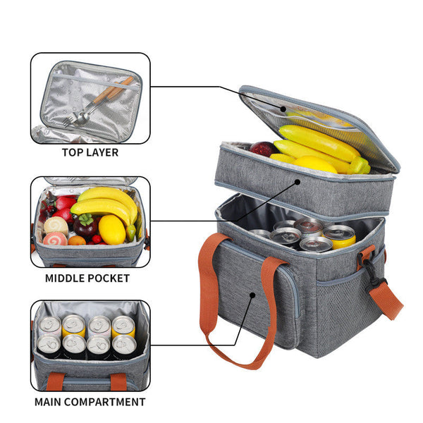 Handheld Crossbody Insulation Bag Lunch Meals Double Compartment Lunchboxes