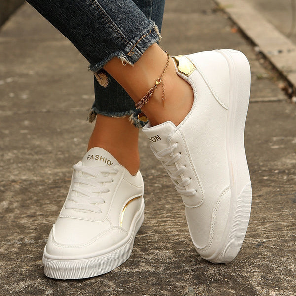 Lace Up White Shoes Round Toe Slip On Thick Sole Casual For Women Flats