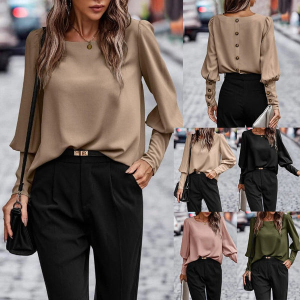 Tops European American Long Sleeve Button Solid Color Casual Shirt