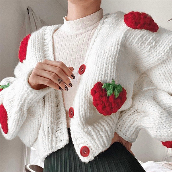 Cute Kawaii White Strawberry Loose V Neck Cardigan Sweater For Women
