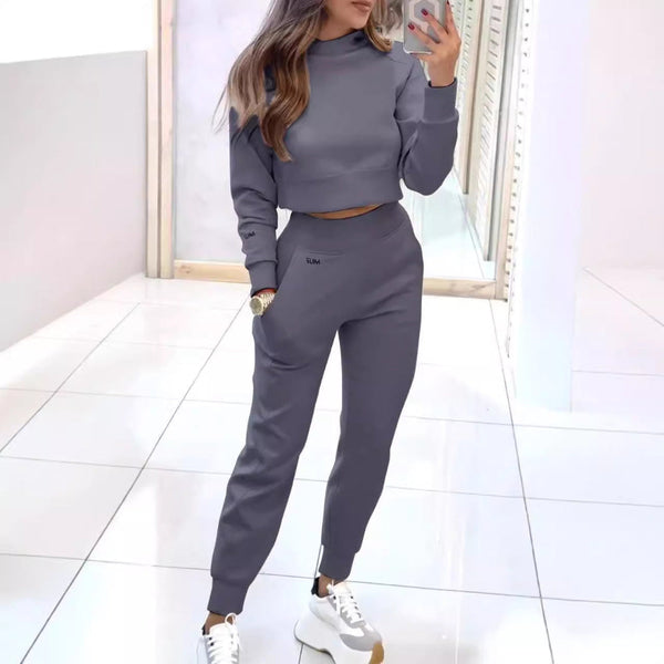 Stand Collar Sports Suit Fashion Pullover Long Sleeves Short Top And Slim Trousers With Pockets Solid Outfits Women's Clothing Other Home Décor