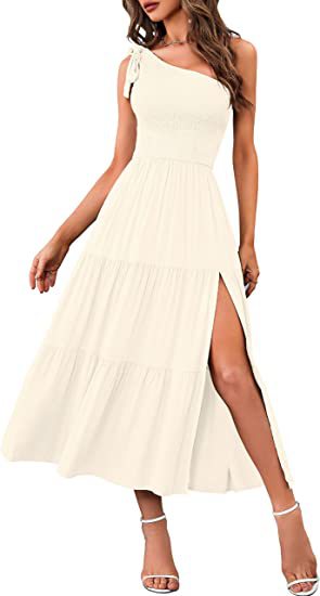One Shoulder Pleated Layered Hem Split Womens Summer Unique Design Dresses