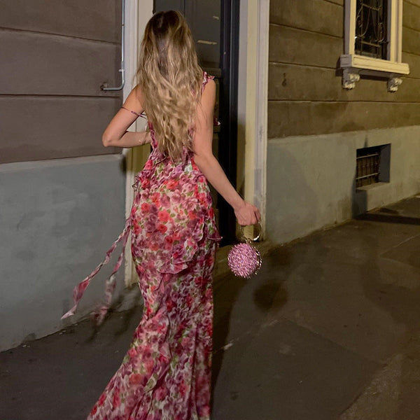 Dresses Womens Sweet Pastoral Floral Ruffled Dress Suspender Charming Feminine