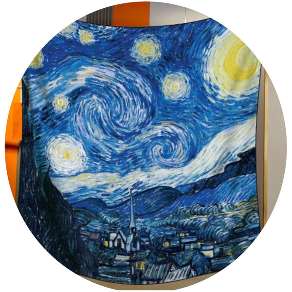 Stars Elegant Artistry Shawl Large 130Cm Square Scarf With Oil Painting Print & Hand Rolled Hem Scarves & Wraps