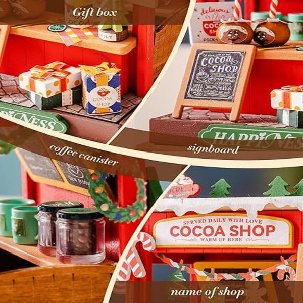 Robotime Diy Miniature Cocoa Shop Wooden Dollhouse Model Building Kit Doll Houses
