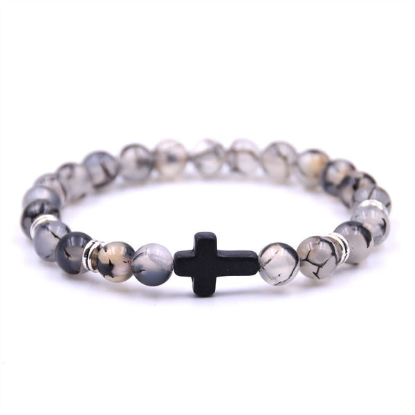 Veile Studios Natural Stone Black Cross Elastic Wire Bracelet For Fashion Jewellery And Accessories Bracelets