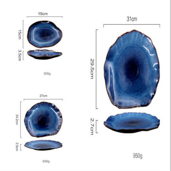 Deep Blue Irregular Japanese Style Handmade Ceramic Dinnerware Set Plates