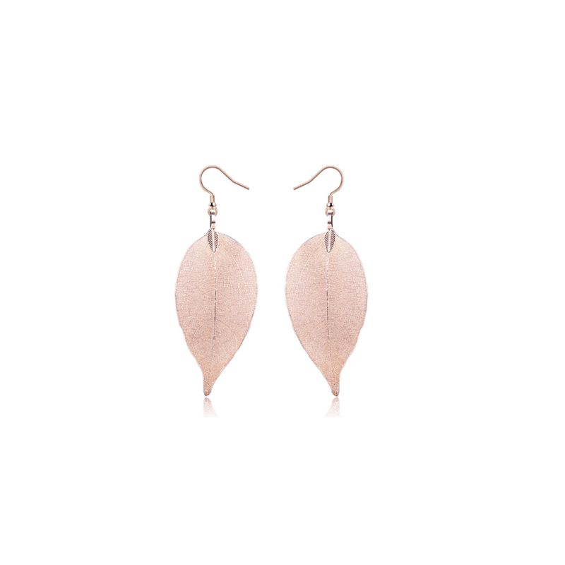 Veile Studios Delicate Filigree Leaf Drop Leaves Ear Studs Long Dangle Rose Gold Earrings