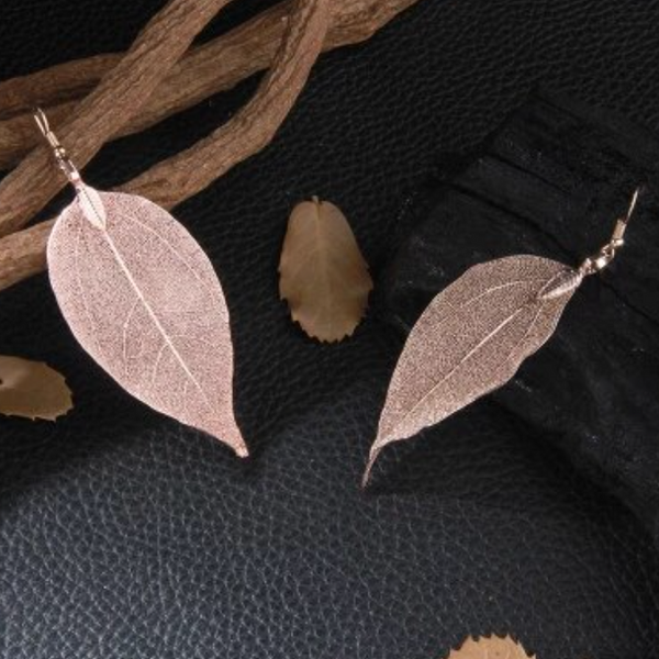 Veile Studios Delicate Filigree Leaf Drop Leaves Ear Studs Long Dangle Rose Gold Earrings