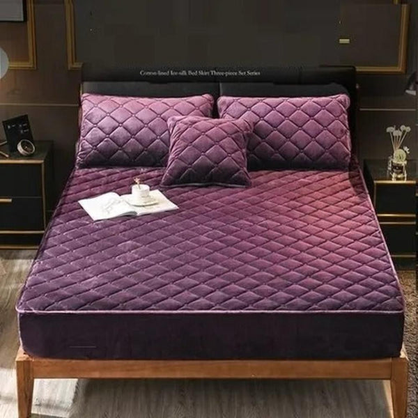 Mattress Cover Dark Purple Crystal Velvet Quilted Soft Bed Sheet Sheets
