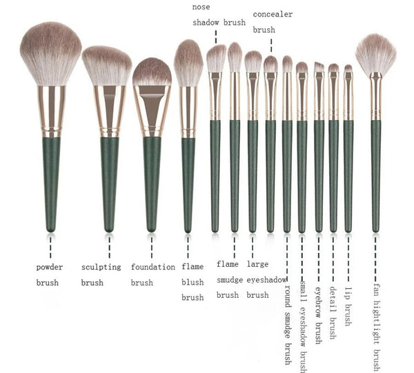 14Pcs Green Cloud Makeup Brushes Cosmetics Tools Set Wooden Handle Foundation Eyeshadow Smudge Beauty Fan Highlight