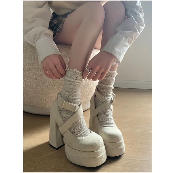 Designer Platform Women Mary Jane Shoes Elegant Cross Strap Thick Heel Pumps Heels