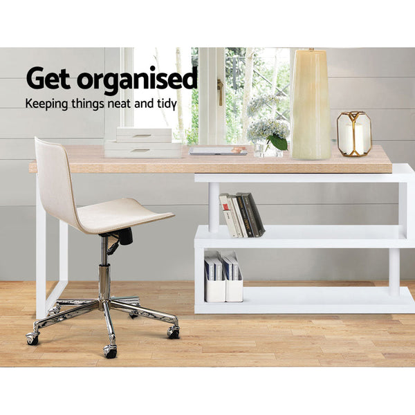 Artiss Rotary Corner Desk With Bookshelf Brown & White Home Office Desks