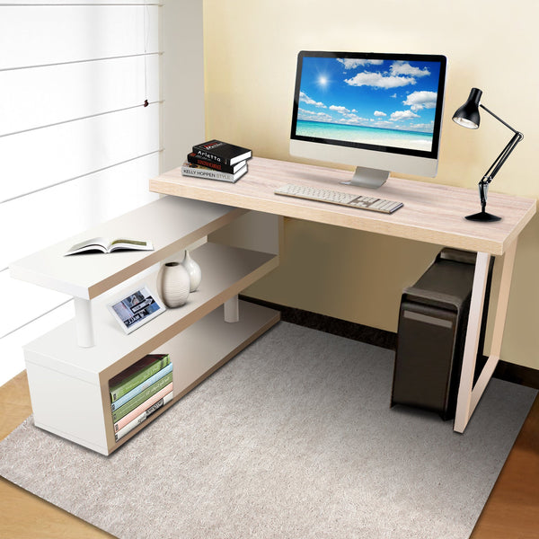 Artiss Rotary Corner Desk With Bookshelf Brown & White Home Office Desks