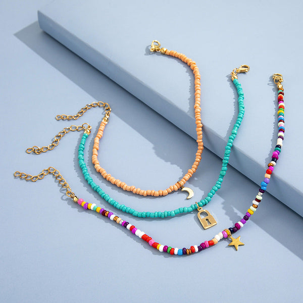 Veile Studios 3 Piece Fashion Creative Color Rice Bead Anklet Star Moon Hollow Lock Jewellery Anklets