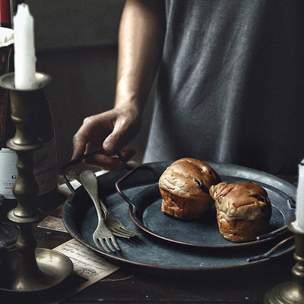 Retro Metal Plate With Handles Decorative Bread Tray Trays