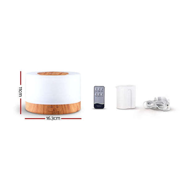Devanti Aroma Diffuser Aromatherapy Led Night Light Air Humidifier Purifier Round Wood Grain 500Ml Remote Control Humidifiers