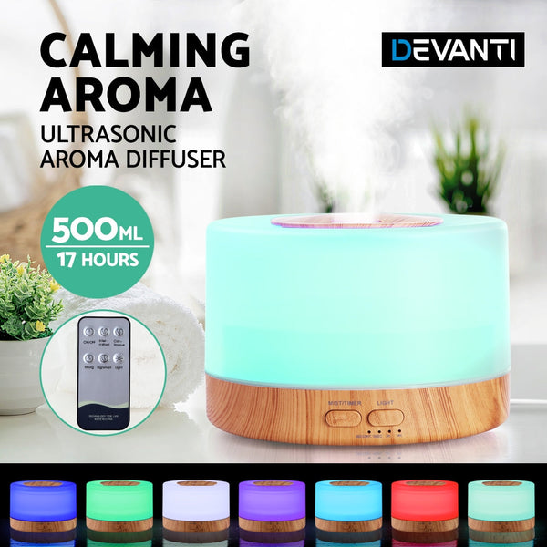 Devanti Aroma Diffuser Aromatherapy Led Night Light Air Humidifier Purifier Round Wood Grain 500Ml Remote Control Humidifiers