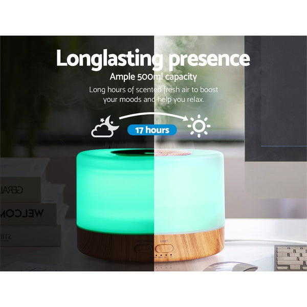 Devanti Aroma Diffuser Aromatherapy Led Night Light Air Humidifier Purifier Round Wood Grain 500Ml Remote Control Humidifiers