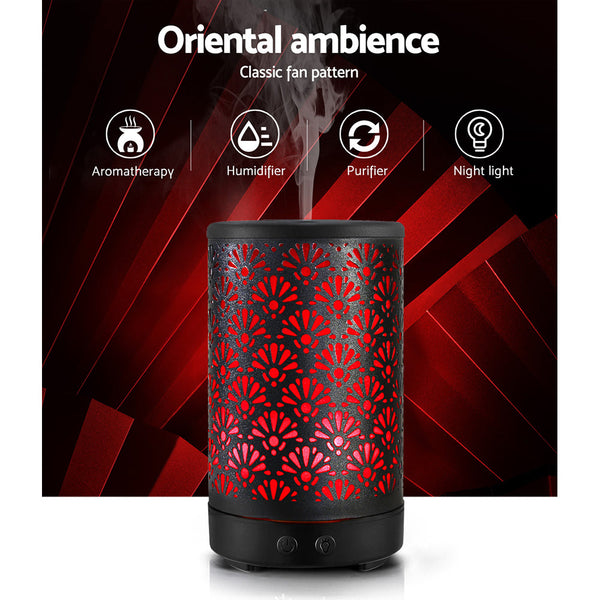 Devanti Aroma Diffuser Aromatherapy Essential Oils Metal Cover Ultrasonic Cool Mist 100Ml Remote Control Black Diffusers