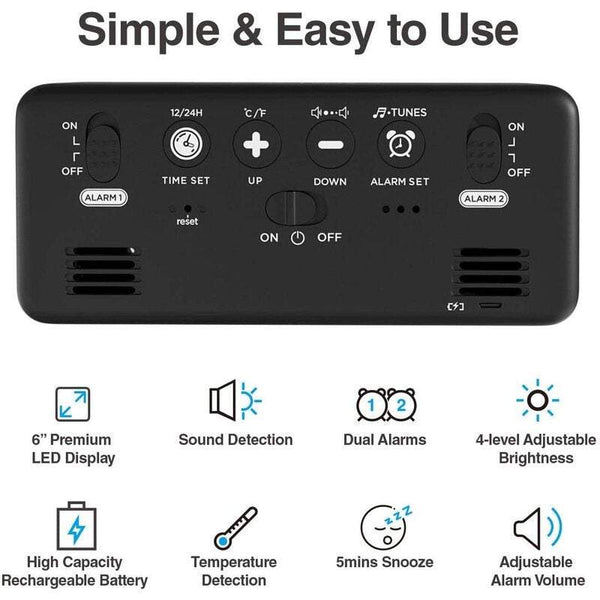 Clocks Digital Alarm Rechargeable 6 Inch Led Display Dual Sleep Full Range Brightness Temperature Detection Alarm Clocks & Clock Radios