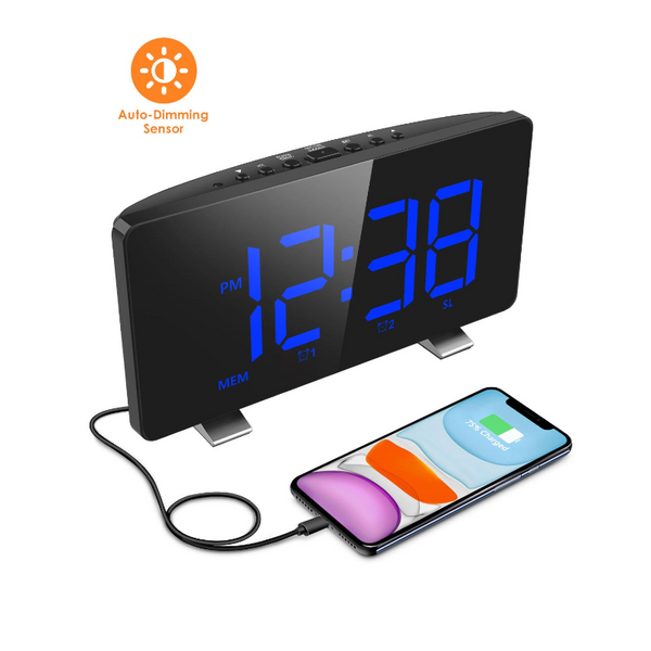 Digital Alarm Clock Automatic Dimmer With Fm Radio Dual Alarms 6.7'' Led Screen Usb Port For Charging