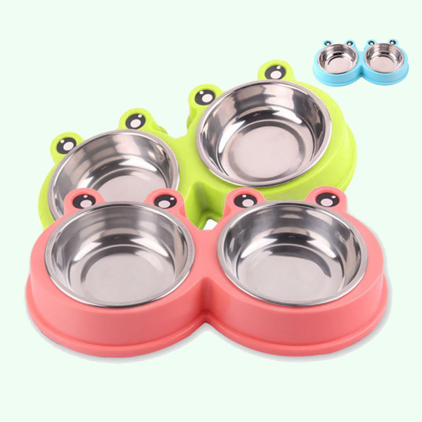 Frog Shape Double Pet Bowl Stainless Steel Non Slip For Small Medium Dog Cat Dishes Feeders & Fountains