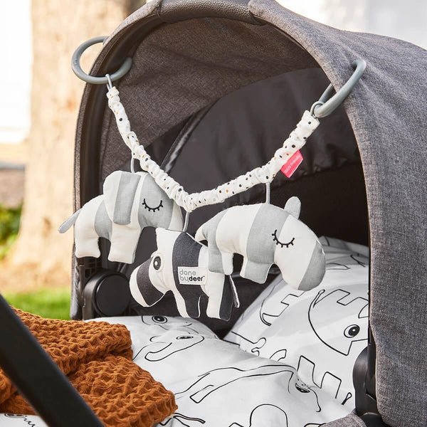 Done By Deer Pram Toy Grey Friends With Soft Cotton And Stroller Attachment Activity Toys