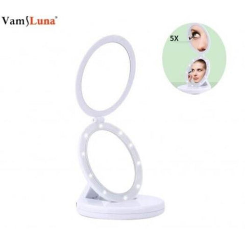 High Quality Foldable Led Makeup Double Folding Vanity 5X Magnifying Mirror