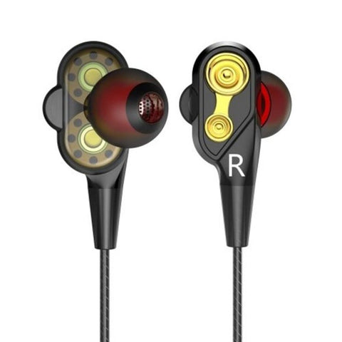 Double Unit Drive Earphone Bass Subwoofer With Microphone Sport Earbuds Black 1Pc