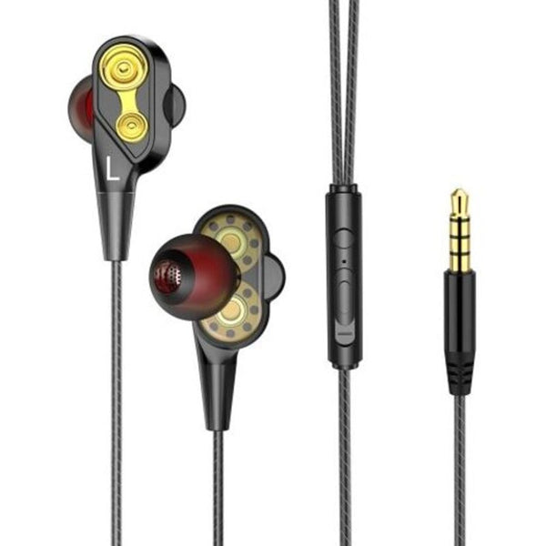 Double Unit Drive Earphone Bass Subwoofer With Microphone Sport Earbuds Black 1Pc Wired Earphones