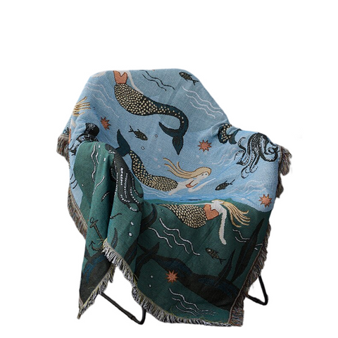 Throw Blanket Blue Faux Cashmere Sofa Cover Mermaid Pattern Tassel 180 By 230 Centimetres Throws & Afghans