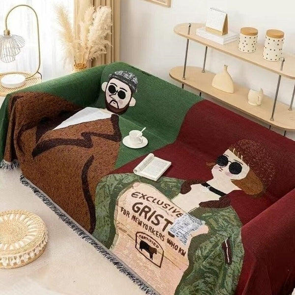 Throw Blanket Brown Faux Cashmere Sofa Cover Human Cartoons Tassel 130X180cm Throws & Afghans