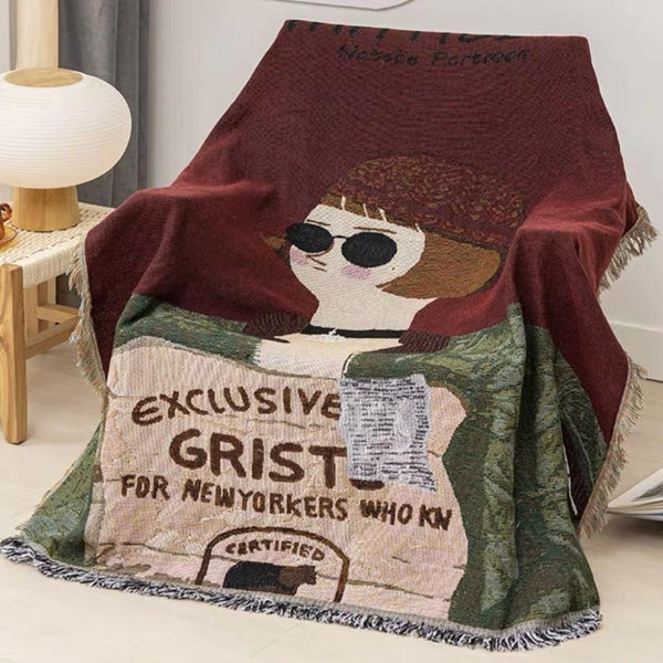 Throw Blanket Brown Faux Cashmere Sofa Cover Human Cartoons Tassel 130X180cm Throws & Afghans