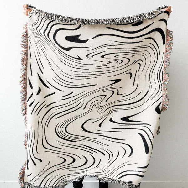 Throw Blanket Faux Cashmere Sofa Cover Black Water Waves Pattern Tassel 130X160cm Slipcovers