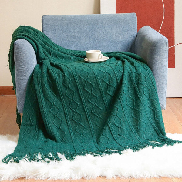 Green Throw Blanket Faux Cashmere Sofa Cover Vertical Bar Diamond Knit Plaid Tassels 130*180Cm Throws & Afghans