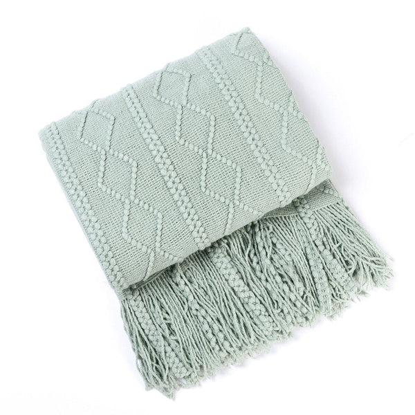 Green Throw Blanket Faux Cashmere Sofa Cover Vertical Bar Diamond Knit Plaid Tassels 130*180Cm Throws & Afghans