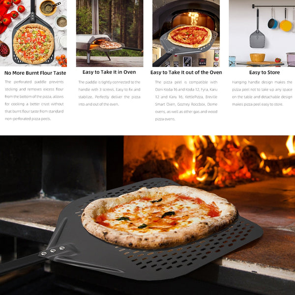 Pizza Shovel 35 Centimetre X 76 Dark Grey For Perforated Peel Metal Handle Oven Baking Accessory Pizza Paddles