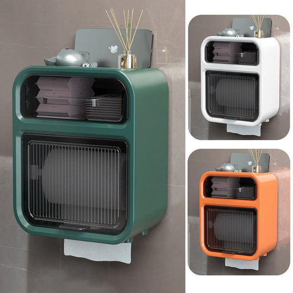 Storage Box Green Bathroom Toilet Paper Holder Waterproof Wall Mounted Towel Shelf Multifunctional Organizer Storage Boxes