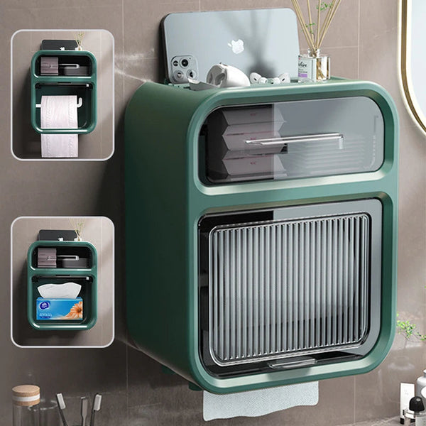 Storage Box Green Bathroom Toilet Paper Holder Waterproof Wall Mounted Towel Shelf Multifunctional Organizer Storage Boxes