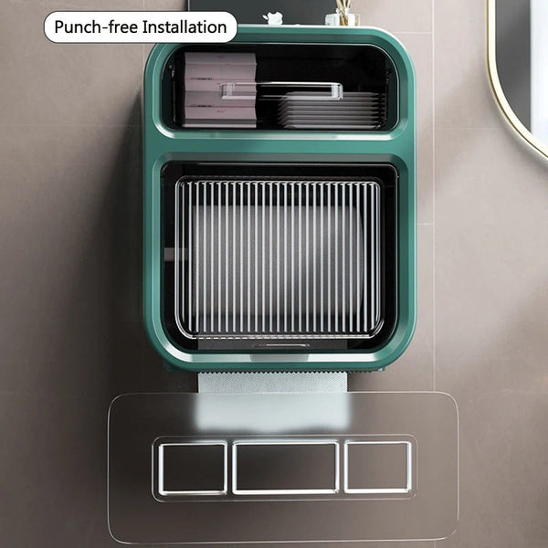 Storage Box Green Bathroom Toilet Paper Holder Waterproof Wall Mounted Towel Shelf Multifunctional Organizer Storage Boxes