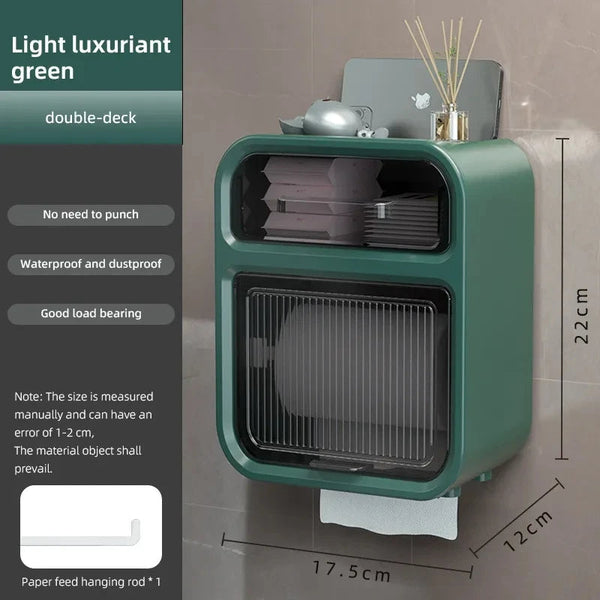 Storage Box Green Bathroom Toilet Paper Holder Waterproof Wall Mounted Towel Shelf Multifunctional Organizer Storage Boxes