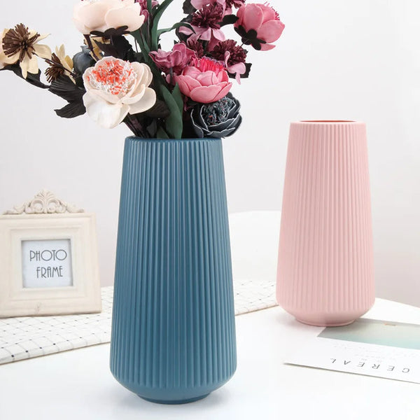 Flower Vase Blue Large Ribbed Nordic Style Pot Decor Living Room Vases