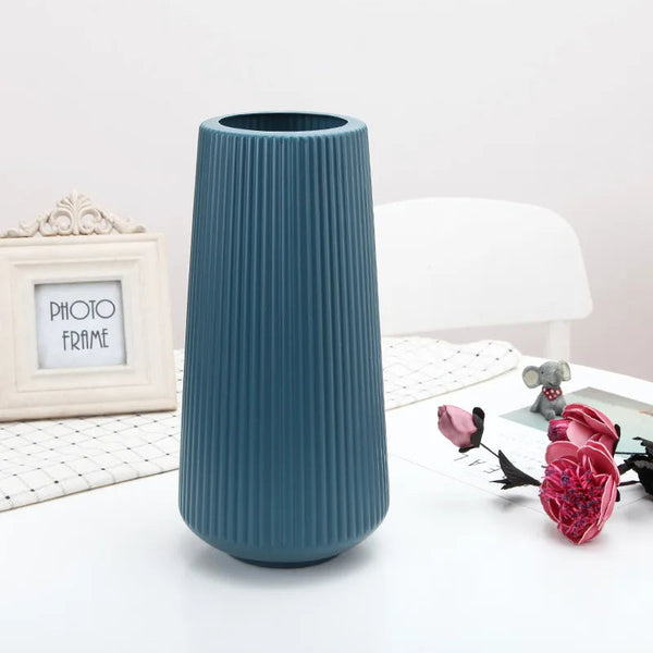 Flower Vase Blue Large Ribbed Nordic Style Pot Decor Living Room Vases