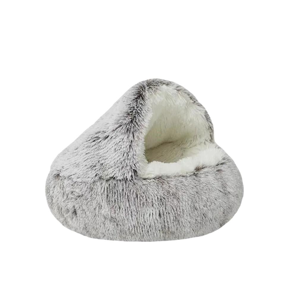 Pet Bed Brown 2In1 Warm Winter Long Plush Cushion Round Nest Kennel Pet Beds