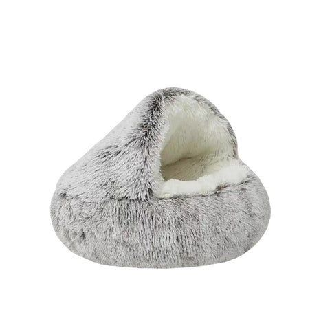 Pet Bed Brown 2In1 Warm Winter Long Plush Cushion Round Nest Kennel Pet Beds